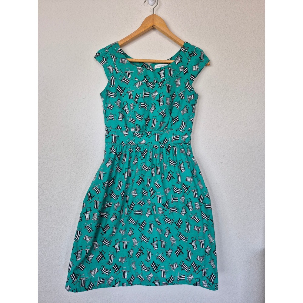 Emily and Fin‎ Beach Chair Print Cotton Fit Flare Dress Size Large Retro Pin Up